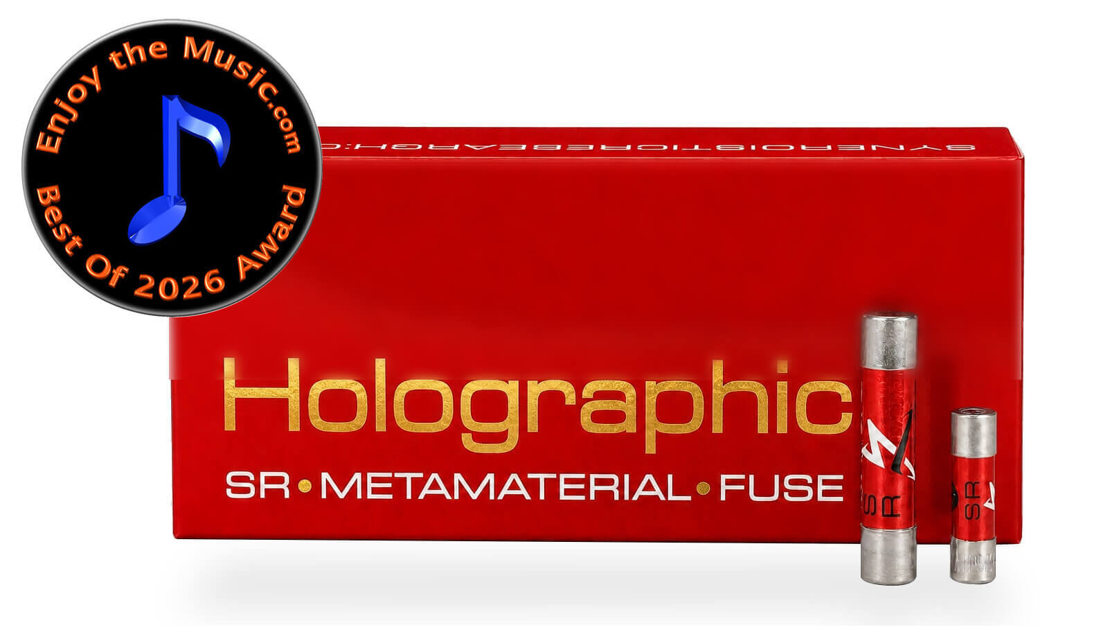 sr-holographic-fuse-coherent - Coherent Systems Red box packaging labeled 'Holographic' in gold with 'SR • METAMATERIAL • FUSE' text, plus two red cylindrical fuses, one larger, against a white background. A circular award badge overlaps the left corner stating 'Best Of 2026 Award' and 'Enjoy the Music' with a blue musical note.